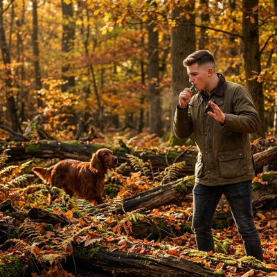 Personne utilisant un sifflet ultrason pour chien en forêt avec un Setter Irlandais.