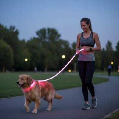 Femme faisant du jogging avec un Golden Retriever et une laisse de chien LED rose.