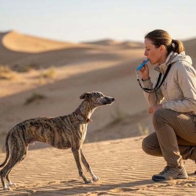 Whippet bringé sur dunes de sable face à une femme accroupie au sifflet à ultrason pour chien bleu.