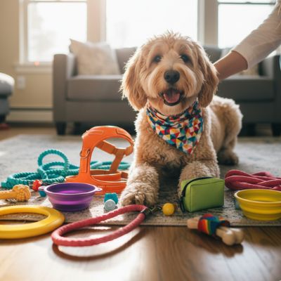 Labradoodle portant un bandana, entouré d'accessoires pour chien : harnais orange, gamelles, laisses cordes et jouets colorés. Équipement ludique pour chien.
