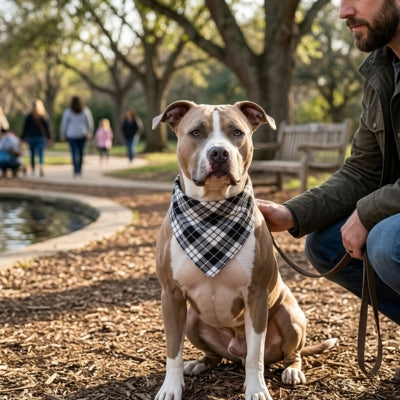 Bandana chien caroler porter par le chien avec son maître au parc