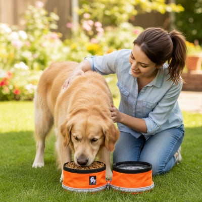Golden Retriever mangeant dans une gamelle chien orange dans un jardin fleuri.
