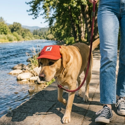 Un labrador sable porte un casquette chien rouge marchand a côté de son maître au bord de la riviere