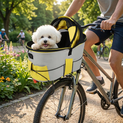 Un petit chien blanc porter par son maître dans le panier pour velo chien gris jaune