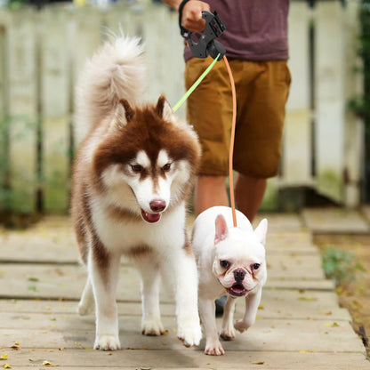 Une laisse pour chien : Ce monsieur promène sont husky et son bouledogue français grâce à une laisse en nylon et plastique ABS disposant de deux laisses rétractables anti-emmêlement de couleur vert et orange.