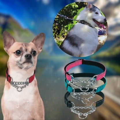 Collier de dressage pour chienNyloSteel™ : Ce collier chien en nylon avec couture réfléchissante et  un alliage de chaînette en acier inoxydable est disponible en noir, rouge, bleu et rose pour les petits chiens comme les chihuahuas et les grands chiens comme un Husky