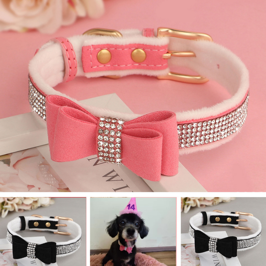 Ce collier pour chien en daim doux orné de strass scintillant et d’un nœud papillon disponible en couleur rose et noir est le collier qu’il faut à votre toutou pour les événements épiques.