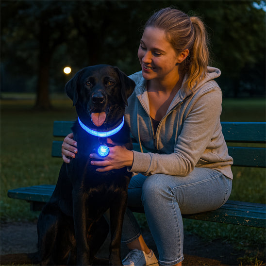 Un labrador est assis au parc devant sa maîtresse porte un collier lumineux pour chien bleu électrique assise au parc.