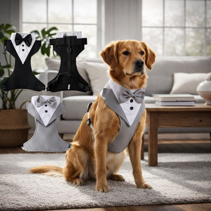 Golden Retriever portant un harnais pour chien gris. Il est assis dans un salon moderne. Blanc-noir Gris-blanc en detadétail 