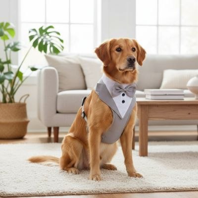 Golden Retriever portant un harnais pour chien gris. Il est assis dans un salon moderne