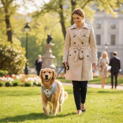 Golden Retriever avec harnais pour chien gris marchant en laisse avec une femme en trench