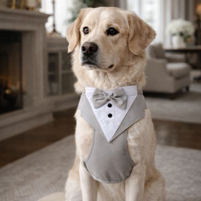 Harnais pour chien gris avec nœud papillon sur un Golden Retriever dans un salon