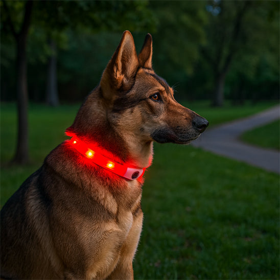 Le chien porte son collier lumineux chien de couleur visible en plein air dans la soirée