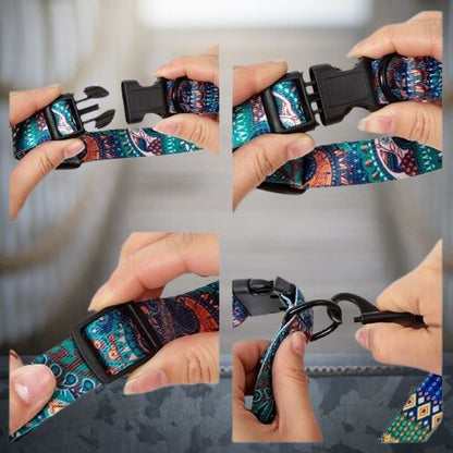 Ce collier pour chien au motif bohémien est muni d’une boucle à dégagement rapide en plastique, un anneau en D et un système de réglage facile, accompagné d'une Laisse. 
