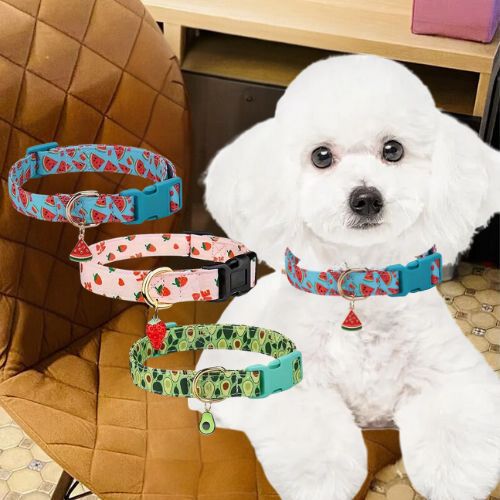 Ce collier chien au motif de fruits, disponible en trois variétés avec des pendentifs de fraises, avocats et pastèque