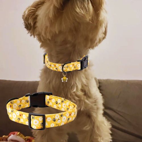 Collier chien-PendentifECP009™ : Ce collier chien avec des motifs d’abeilles et un pendentif en métal en forme d’abeille de couleur jaune s’harmonise parfaitement avec le pelage de votre Loulou au pelage marron assis sur le canapé