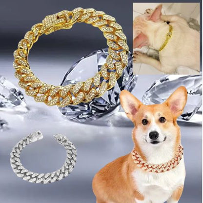 Un Yorkshire est posé confortablement, porte un collier chien de chaine cubaine avec incrustation de diamant, disponible aussi en argent et cuivre.