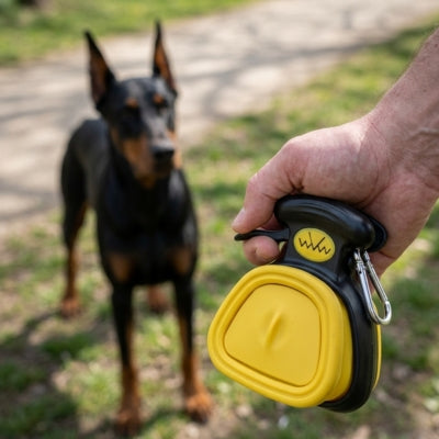 Gros plan sur un ramasse crotte chien jaune tenu à la main face à un Doberman.