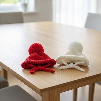 Deux modèles de bonnet pour chien à pompon, rouge et blanc, posés sur une table en bois.