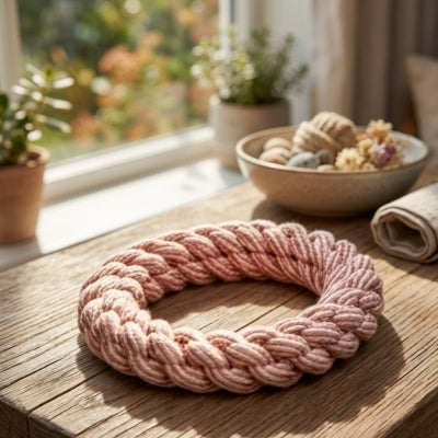 Anneau en corde tressée rose sur une table en bois, jouet pour chien indestructible.