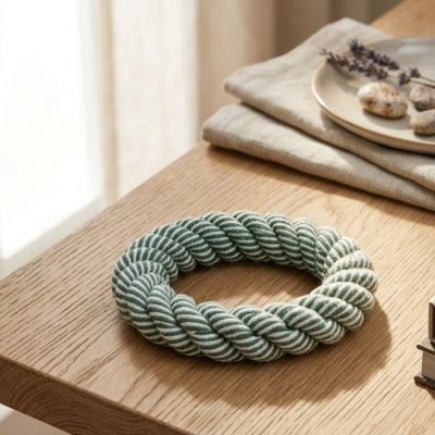 Anneau vert et blanc en corde tressée, jouet pour chien indestructible sur un meuble.