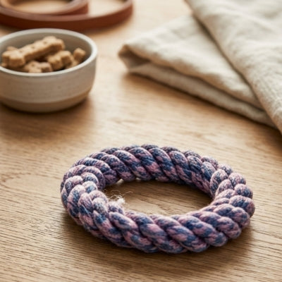 Anneau bleu et violet posé sur du bois, jouet pour chien indestructible pour mâcheur.