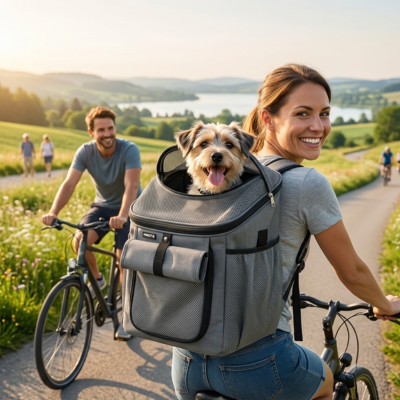 Femme à vélo portant un panier vélo pour chien en mode sac à dos avec un petit chien brun.