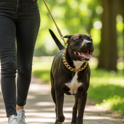 Un Pitbull marche en laisse dans un parc, portant un collier etrangleur chien doré. Une éducation maîtrisée lors de la promenade quotidienne.