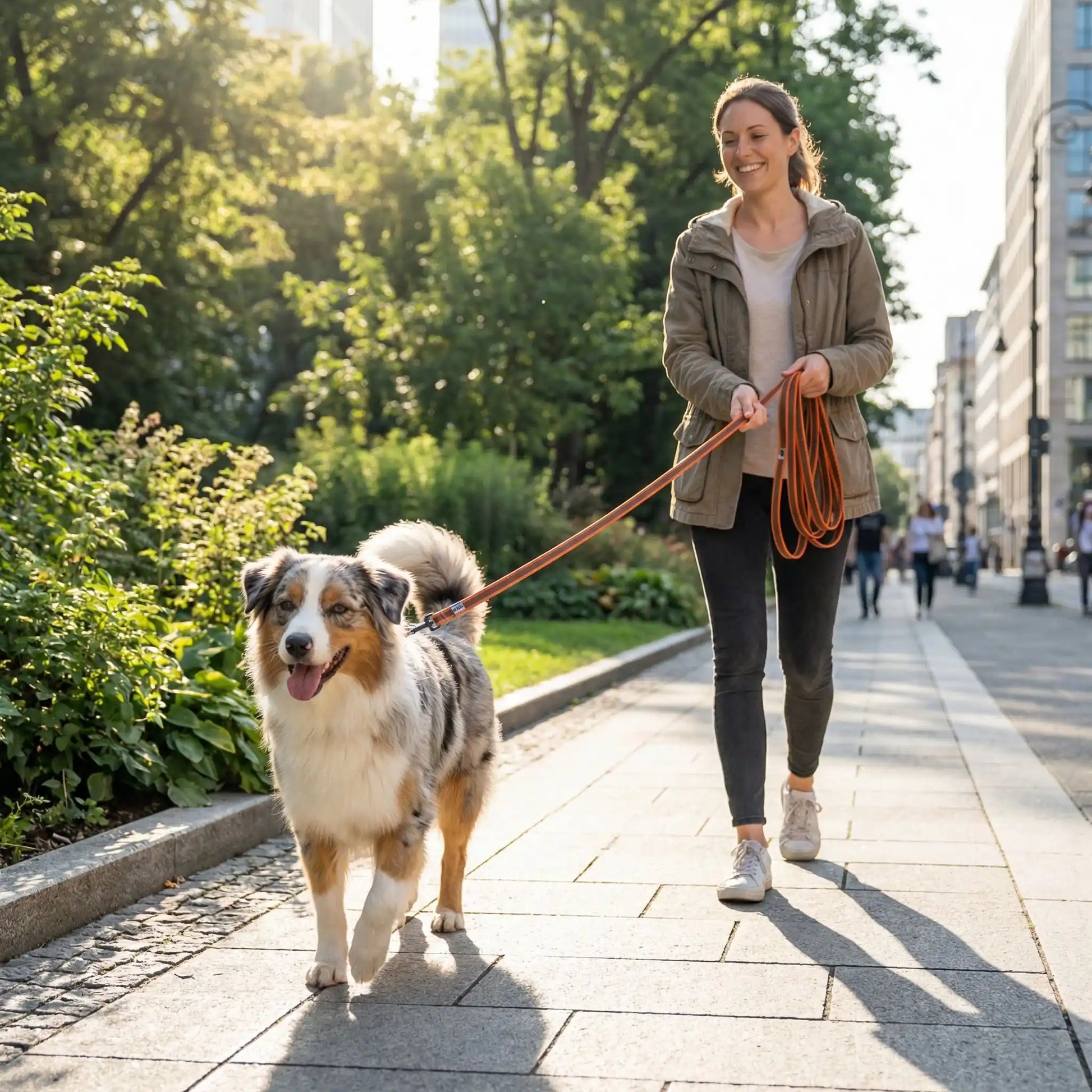 Femme souriante marchant en ville avec son berger australien tenu par une longe chien orange.