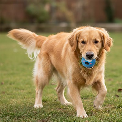 Golden Retriever marchant dans l'herbe avec une balle chien bleue aux joues roses.