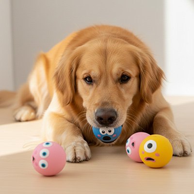 Golden Retriever couché entouré de sa collection de balle chien bleue, rose et jaune.