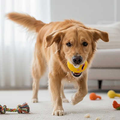 Golden Retriever jouant dans un salon avec sa balle chien jaune dans la gueule.