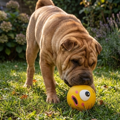 Chien Shar Pei dans l'herbe mordant une balle chien jaune avec un visage.