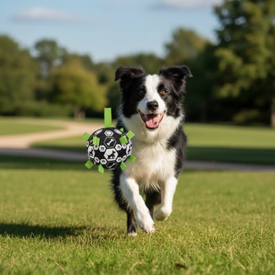 Border Collie courant sur l'herbe vers l'objectif avec sa balle pour chien flottant devant lui.
