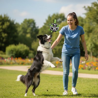 Border Collie sautant pour attraper une balle pour chien lancée par une femme en t-shirt bleu.