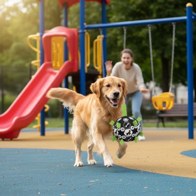 Golden Retriever courant dans une aire de jeux avec une balle pour chien noire à sangles vertes.