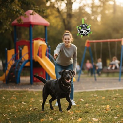 Labrador noir au parc avec une femme lançant une balle pour chien près d'un toboggan.