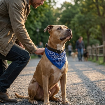 Chien Pitbull marron portant un bandana bleu à motifs, assis sur un chemin.