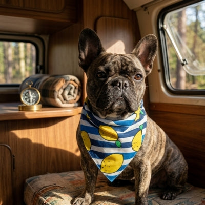 Bouledogue français dans un van portant un bandana chien rayé bleu avec des citrons jaunes.