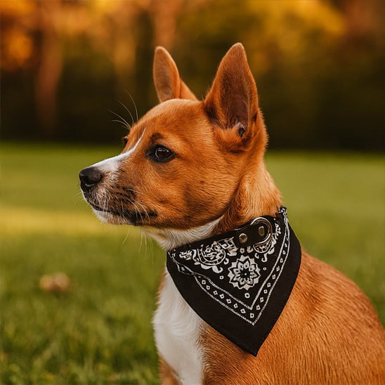 Profil d'un petit chien type Basenji portant un bandana chien noir à motifs blancs.