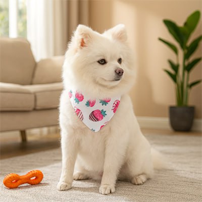 Chien de type Samoyède portant un bandana chien blanc aux motifs de fraises dans un salon.
