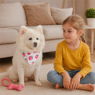 Chien Spitz blanc avec un bandana chien à fraises assis à côté d'une petite fille.