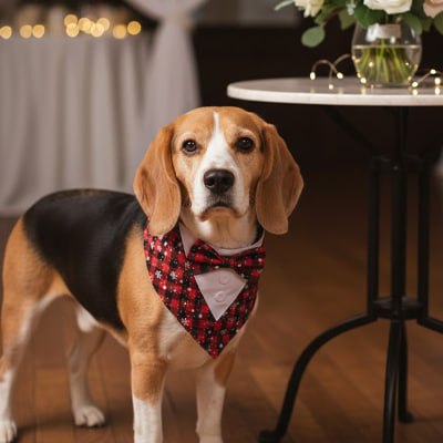 Chien Beagle portant un bandana pour chien smoking à carreaux rouges et noirs.