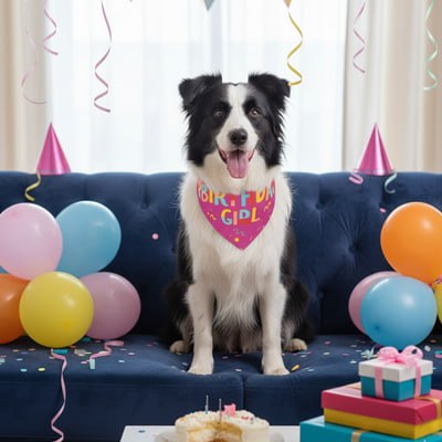 Border collie assis sur un canapé bleu avec un bandana pour chien rose "Birthday Girl".