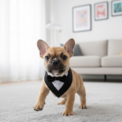 Chiot Bouledogue français fauve avec un bandana pour chien smoking noir et blanc.