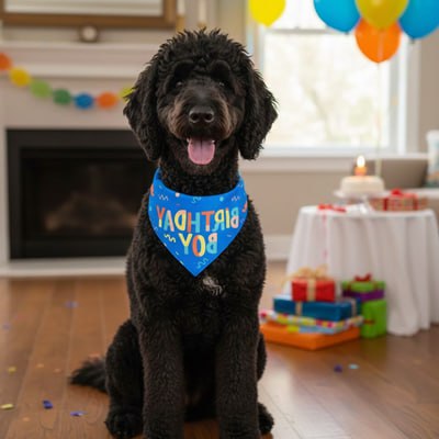Caniche noir avec bandana pour chien bleu "Birthday Boy", ballons et cadeaux en arrière-plan.