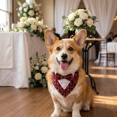 Corgi souriant portant un bandana pour chien style smoking à carreaux rouges.