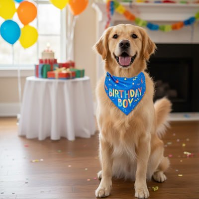 Golden Retriever avec un bandana pour chien bleu "Birthday Boy" devant une table d'anniversaire.
