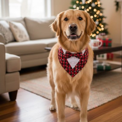 Golden Retriever devant un sapin avec un bandana pour chien rouge à motifs flocons.
