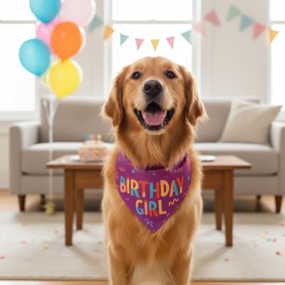 Golden Retriever portant un bandana pour chien violet "Birthday Girl" dans un salon décoré.